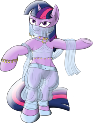 Size: 1493x1990 | Tagged: safe, artist:underwoodart, twilight sparkle, pony, g4, bedroom eyes, belly button, belly dancer, bipedal, clothes, dancing, female, harem outfit, see-through, simple background, solo, transparent background, veil