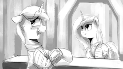 Size: 2439x1372 | Tagged: safe, artist:anticular, oc, oc only, oc:littlepip, oc:velvet remedy, pony, unicorn, fallout equestria, fallout equestria illustrated, blushing, clothes, cutie mark, fanfic, fanfic art, female, floppy ears, grayscale, hooves, horn, jumpsuit, mare, monochrome, open mouth, pipbuck, smiling, teeth, vault suit