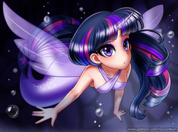 Size: 900x668 | Tagged: safe, artist:racoonsan, twilight sparkle, alicorn, human, mermaid, g4, my little pony: the movie, bocas top, bubble, cute, eyeshadow, female, horn, horned humanization, humanized, looking at you, makeup, mermaidized, sleeveless, solo, species swap, twilight sparkle (alicorn), underwater, water