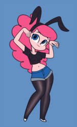 Size: 1090x1800 | Tagged: safe, artist:khuzang, pinkie pie, equestria girls, g4, :3, belly button, bunny ears, clothes, cute, daisy dukes, denim shorts, diapinkes, female, midriff, pantyhose, shoes, short shirt, shorts, simple background, solo