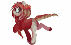 Size: 1280x812 | Tagged: safe, artist:apple_nettle, oc, oc only, pony, clothes, floral head wreath, flower, glasses, looking at you, raised hoof, solo, sweater