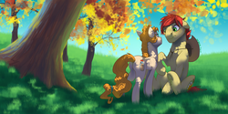 Size: 2000x1000 | Tagged: safe, artist:joan-grace, bright mac, pear butter, earth pony, pony, g4, the perfect pear, couple, cowboy hat, dappled sunlight, eye contact, female, grass, hat, looking at each other, male, mare, ship:brightbutter, shipping, smiling, stallion, stetson, straight, tree, underhoof