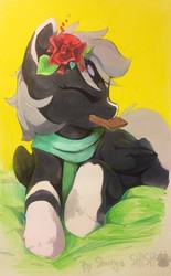 Size: 794x1280 | Tagged: safe, artist:apple_nettle, oc, oc only, pegasus, pony, eating, flower, flower in hair, solo, traditional art