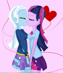 Size: 910x1052 | Tagged: safe, artist:monnief123, artist:soni8888, trixie, twilight sparkle, human, equestria girls, g4, base used, clothes, duo, female, hoodie, kiss on the lips, kissing, lesbian, ship:twixie, shipping, skirt