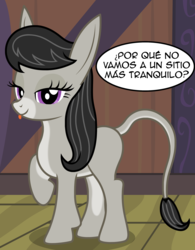Size: 1962x2514 | Tagged: safe, artist:badumsquish, derpibooru exclusive, octavia melody, donkey, g4, :p, bedroom eyes, burroctavia, cute, dialogue, donkified, female, flirting, looking at you, music donkey, pale belly, raised hoof, show accurate, smiling, solo, spanish, species swap, talking to viewer, tongue out, translated in the comments, two toned coat