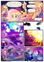 Size: 3500x4950 | Tagged: safe, artist:light262, artist:lummh, descent, discord, fluttershy, nightmare moon, nightshade, princess celestia, princess luna, starlight glimmer, changeling, pony, comic:timey wimey, g4, absurd resolution, clothes, comic, costume, dialogue, evil starlight, female, fight, food, implied lord tirek, magic, mare, popcorn, royal guard, royal sisters, shadowbolts, shadowbolts costume, smiling, speech bubble