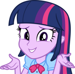 Size: 3024x3000 | Tagged: safe, artist:ambassad0r, twilight sparkle, equestria girls, g4, bowtie, clothes, female, high res, looking at you, puffy sleeves, shirt, shrug, simple background, smiling, solo, teenager, transparent background