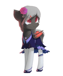 Size: 1500x1800 | Tagged: safe, artist:freeedon, oc, oc only, oc:dusty fang, bat pony, pony, bat pony oc, clothes, commission, dress, fangs, female, flower, flower in hair, folded wings, garter, goth, gothic, jewelry, looking away, looking up, mare, necklace, shoes, simple background, socks, solo, stockings, thigh highs, transparent background, turned head