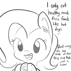 Size: 792x792 | Tagged: safe, artist:tjpones, fluttershy, pegasus, pony, g4, blissful ignorance, dialogue, ear fluff, eating, female, food, grayscale, hot dog, innocent, meat, monochrome, painfully innocent fluttershy, ponies eating meat, sausage, simple background, solo, this will end in sickness, this will end in tears, white background