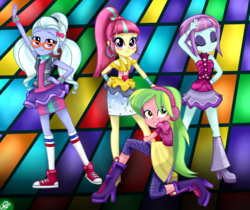 Size: 2200x1850 | Tagged: safe, artist:liniitadash23, part of a set, lemon zest, sour sweet, sugarcoat, sunny flare, equestria girls, equestria girls specials, g4, my little pony equestria girls: dance magic, armpits, boots, clothes, converse, crystal prep shadowbolts, cuffs (clothes), dancing, eyes closed, freckles, glasses, group, headphones, high heel boots, looking at you, shoes, show accurate, smiling, wristband
