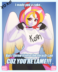 Size: 2400x3000 | Tagged: safe, artist:souladdicted, oc, oc only, oc:pepper doll, pegasus, anthro, anthro oc, armpits, breasts, cake, choker, clothes, female, fingerless gloves, food, gloves, high res, korn, looking at you, mare, red eyes, smiling, solo, tank top, thumbs down