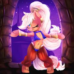 Size: 2000x2000 | Tagged: safe, artist:discorded, applejack, earth pony, genie, pony, semi-anthro, g4, belly button, bipedal, crossover, dancing, eyes closed, female, high res, jewelry, mare, ponytail, shantae, shantae (character), solo