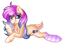 Size: 1200x890 | Tagged: safe, artist:sketchyhowl, oc, oc only, deer pony, original species, pony, clothes, female, mare, prone, simple background, socks, solo, striped socks, tongue out, transparent background