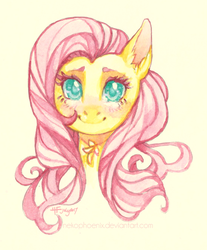 Size: 600x725 | Tagged: safe, artist:nekophoenix, fluttershy, pegasus, pony, g4, blushing, bust, choker, colored pupils, cute, ear fluff, female, looking at you, mare, portrait, shyabetes, simple background, smiling, solo, traditional art, watercolor painting, yellow background