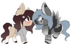 Size: 4500x3000 | Tagged: safe, artist:crazllana, oc, oc only, oc:hiyori, oc:maude, earth pony, pegasus, pony, chibi, clothes, earth pony oc, female, high res, looking at each other, mare, pegasus oc, simple background, transparent background