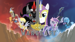 Size: 10881x6121 | Tagged: safe, artist:amarthgul, derpy hooves, discord, king sombra, princess cadance, shining armor, starlight glimmer, trixie, pony, g4, absurd resolution, armor, clothes, crossover, cup, epic derpy, magic, mallet, poster, scepter, split screen, staff, sword, teacup, twilight scepter, warcraft, weapon