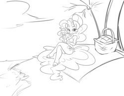 Size: 1280x989 | Tagged: safe, artist:leadhooves, pinkie pie, anthro, g4, adorasexy, basket, beach, beach towel, bikini, clothes, cute, drink, female, looking at you, monochrome, palm tree, picnic basket, sandals, sexy, solo, swimsuit, tree