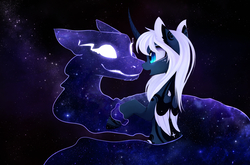 Size: 3344x2202 | Tagged: safe, artist:magnaluna, princess luna, oc, oc:zefiroth, alicorn, pony, g4, canon x oc, chin fluff, colored wings, colored wingtips, curved horn, duo, ear fluff, female, folded wings, high res, horn, leg fluff, looking at each other, looking at someone, mare, open mouth, wings