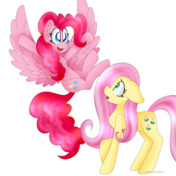 Size: 3000x3000 | Tagged: safe, artist:cosmiickatie, fluttershy, pinkie pie, posey, surprise, earth pony, pegasus, pony, g4, alternate cutie mark, body part swap, chest fluff, cute, diapinkes, duo, duo female, earth pony fluttershy, female, floppy ears, high res, kinetic contrast, looking at each other, mare, open mouth, pegasus pinkie pie, pun, race swap, shyabetes, simple background, surprised, transparent background, visual pun