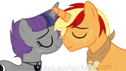 Size: 967x549 | Tagged: safe, artist:ipandacakes, oc, oc only, oc:apple ale, oc:apple spritz, oc:crescendo, oc:crescent song, pony, boop, female, male, mare, noseboop, nuzzling, offspring, parent:applejack, parent:flim, parent:shadow lock, parent:twilight sparkle, parents:flimjack, parents:twilock, rule 63, simple background, stallion, transparent background