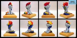Size: 3601x1788 | Tagged: safe, artist:prodius, rainbow dash, pony, g4, chest fluff, commission, cookie, craft, cute, dashabetes, figurine, foal, food, irl, photo, sculpey, sculpture, show accurate, traditional art