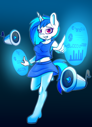 Size: 1065x1465 | Tagged: safe, artist:breeoche, edit, dj pon-3, vinyl scratch, unicorn, anthro, g4, abstract background, background pony, female, science fiction, solo, standing