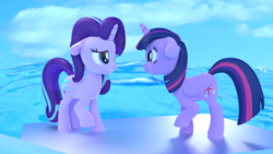 Size: 1920x1080 | Tagged: safe, artist:calliegreen, starlight glimmer, twilight sparkle, alicorn, pony, g4, 3d, blender, duo, floppy ears, ocean, spell gone wrong, twilight sparkle (alicorn)