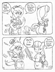 Size: 849x1100 | Tagged: safe, artist:circe, cheerilee, derpy hooves, rarity, anthro, comic:soreloser, g4, black and white, comic, grayscale, monochrome, paddle, traditional art