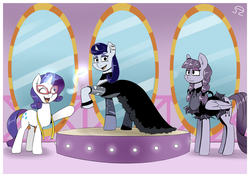 Size: 1600x1131 | Tagged: safe, artist:alvh-omega, inky rose, moonlight raven, rarity, pegasus, pony, unicorn, g4, boutique, carousel boutique, clothes, dress, fashion, goth, measuring tape, smiling, when she smiles