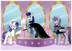 Size: 1600x1131 | Tagged: safe, artist:alvh-omega, inky rose, moonlight raven, rarity, pegasus, pony, unicorn, g4, boutique, carousel boutique, clothes, dress, fashion, goth, measuring tape, rare mare, smiling, when she smiles