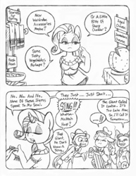 Size: 849x1100 | Tagged: safe, artist:circe, louise the singing harp, rarity, anthro, comic:soreloser, g4, black and white, chico marx, comic, grayscale, groucho marx, harpo marx, marx brothers, monochrome, traditional art