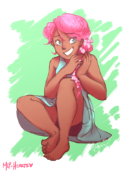 Size: 1920x2592 | Tagged: safe, artist:mlp-hearts, fluttershy, human, g4, alternate hairstyle, barefoot, clothes, cute, dark skin, dress, feet, female, humanized, pink hair, shyabetes, sitting, smiling, solo