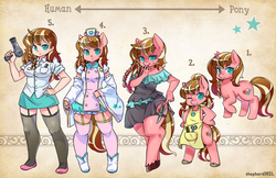Size: 1600x1035 | Tagged: safe, artist:shepherd0821, oc, oc only, oc:felicity, human, pony, unicorn, anthro, semi-anthro, unguligrade anthro, anthro chart, anthro oc, anthro with ponies, apron, bipedal, breasts, clothes, cute, female, garter belt, garters, human female, humanized, humanized oc, knife, mare, ocbetes, smiling, stockings, thigh highs