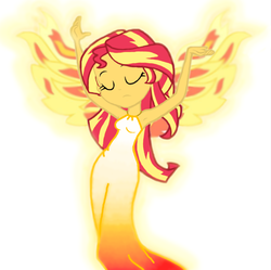 Size: 882x880 | Tagged: safe, artist:haleyc4629, edit, sunset shimmer, angel, phoenix, fanfic:the phoenix angel, equestria girls, g4, my past is not today, angelic, armpits, beautiful, clothes, dancing, dress, fanfic, fanfic art, female, fiery shimmer, fire, glowing, graceful, phoenix wings, reference, simple background, solo, sunset shimmer is god, vector, white background