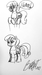 Size: 1836x3264 | Tagged: safe, artist:binkyt11, derpibooru exclusive, bon bon, lyra heartstrings, sweetie drops, earth pony, pony, unicorn, g4, bon bon is not amused, dialogue, duo, female, frown, grayscale, irrational exuberance, mare, monochrome, signature, smiling, that pony sure does love humans, traditional art, unamused
