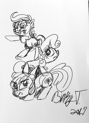 Size: 1790x2471 | Tagged: safe, artist:binkyt11, derpibooru exclusive, apple bloom, scootaloo, sweetie belle, earth pony, pegasus, pony, unicorn, g4, angry, bow, cutie mark crusaders, female, filly, flag, hair bow, monochrome, mouth hold, signature, tower of pony, traditional art