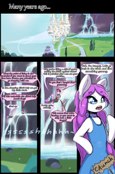 Size: 1450x2200 | Tagged: safe, artist:darkestmbongo, oc, oc only, oc:d.d, unnamed oc, earth pony, pony, unicorn, semi-anthro, comic:ddthemaid memories, alternate hairstyle, arm hooves, canterlot, clothes, dialogue, dress, flashback, mountain, sky, water, waterfall