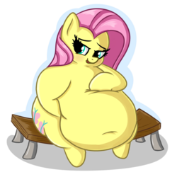 Size: 720x720 | Tagged: safe, artist:andelai, fluttershy, pony, g4, belly, belly button, bench, big belly, blushing, fat, fattershy, female, obese, sitting, solo, story in the comments