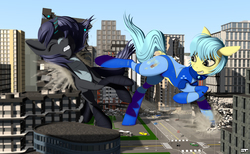Size: 3900x2400 | Tagged: dead source, safe, artist:styroponyworks, oc, oc only, oc:orchid, oc:ultramare, earth pony, kaiju, kaiju pony, pony, 3d, badass, blender, blood, building, car, city, clothes, destruction, dock, duo, female, fight, giant pony, gritted teeth, high res, kick, looking back, macro, mare, mixed media, street, torn clothes