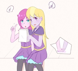 Size: 1024x932 | Tagged: safe, artist:yuck, fuchsia blush, lavender lace, equestria girls, g4, background human, colored pupils, female, fuchsiavender, holding hands, lesbian, looking at you, shipping, simple background, singing, white background