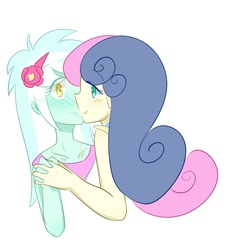 Size: 1372x1460 | Tagged: safe, artist:yuck, bon bon, lyra heartstrings, sweetie drops, human, equestria girls, g4, adorabon, blushing, bust, clothes, colored pupils, cute, duo, female, flower, flower in hair, holding hands, kiss on the lips, kissing, lesbian, looking at each other, lyrabetes, ship:lyrabon, shipping, simple background, white background