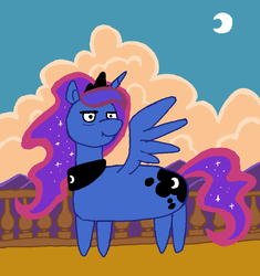 Size: 801x851 | Tagged: safe, artist:bra1neater, princess luna, pony, g4, 1000 hours in ms paint, cloud, dawn, looking at something, moon, ms paint, spread wings, stylistic suck, wings