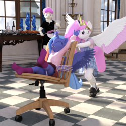 Size: 2000x2000 | Tagged: safe, artist:tahublade7, princess celestia, princess luna, alicorn, anthro, plantigrade anthro, g4, 3d, cewestia, chair, clothes, daz studio, dress, female, filly, gotta go fast, high res, loafers, maid, maximum overdrive, missing shoes, nyoom, palace, panties, pink-mane celestia, rope, royal sisters, shoes, sibling love, siblings, sisterly love, sisterly property damage, sisters, skirt, skirt lift, socks, starry underwear, statue, this will end in property damage, underwear, upskirt, vase, white underwear, woona, younger