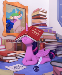 Size: 914x1100 | Tagged: safe, artist:rodrigues404, princess celestia, princess luna, twilight sparkle, alicorn, pony, g4, :i, book, book hat, bookhorse, crown, cup, cute, drinking, facebook, facebooking, female, horn, horn impalement, how to, i have done nothing productive all day, jewelry, luna is not amused, majestic as fuck, mare, ponyloaf, procrastination, prone, quill, regalia, royal sisters, silly, silly pony, tea, teacup, that pony sure does love books, twiabetes, twilight sparkle (alicorn), unamused, you're doing it wrong