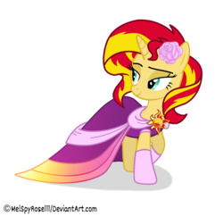 Size: 1455x1411 | Tagged: safe, artist:melspyrose, sunset shimmer, pony, unicorn, g4, beautiful, clothes, dress, female, flower, flower in hair, gala dress, mare, simple background, solo, transparent background, vector