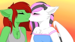 Size: 1280x728 | Tagged: safe, artist:melodytheartpony, oc, oc only, oc:kerrigan, bat pony, pegasus, anthro, bisexual, clothes, digital art, duo, female, kissing, lesbian, simple background