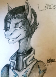 Size: 2434x3305 | Tagged: safe, artist:brainiac, pony, clothes, high res, lance mcclain, ponified, smiling, smirk, solo, traditional art, voltron