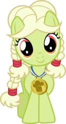 Size: 708x1332 | Tagged: safe, artist:punzil504, granny smith, earth pony, pony, g4, adorasmith, cute, female, filly, looking at you, medal, simple background, smiling, solo, transparent background, young granny smith, younger