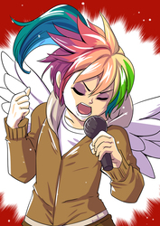 Size: 700x990 | Tagged: safe, artist:bakki, oc, oc only, oc:rainbow feather, human, clothes, commission, eyes closed, eyeshadow, female, hoodie, humanized, interspecies offspring, karaoke, magical lesbian spawn, makeup, microphone, offspring, parent:gilda, parent:rainbow dash, parents:gildash, singing, solo, winged humanization, wings