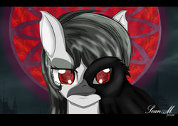Size: 3600x2550 | Tagged: safe, artist:avchonline, oc, oc only, bird, pony, raven (bird), blood moon, bust, high res, letterboxing, moon, portrait, red eyes, solo